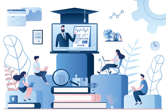 Webinar,online courses or tutorial in network. Employees with laptops learning at professional training.