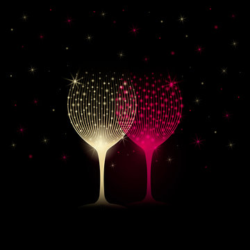 Silhouette glasses of wine or drink with golden and pink lines and bright lights. Background night sky with stars. Elegant style.
