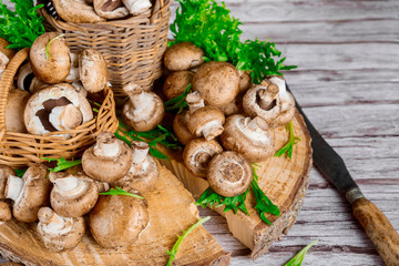 Fresh wild brown mushrooms in wicker basket on cut tree stump.