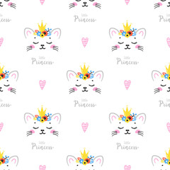 Cute Cats in Floral Wreath Crown. Vector Seamless Pattern. Background for Kids with Hand drawn Doodle Kittens with Hearts and Little Princess word. Cartoon Kawaii Animals Vector illustration