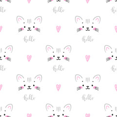 Fototapeta na wymiar Tabby Cats Vector Seamless Pattern. Background for Kids with Hand drawn Doodle Cute Kittens with Hearts and Hello word. Cartoon Kawaii Animals Vector illustration in Scandinavian style 