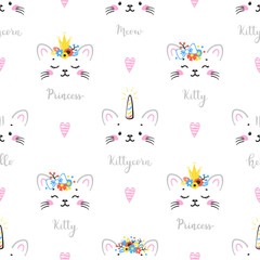 Cute Cats in Floral Wreath Crown, Magic Unicorn Cat Head Vector Seamless Pattern. Background for Kids with Hand drawn Doodle Kittens with Hearts and words. Cartoon Kawaii Animals in Scandinavian style