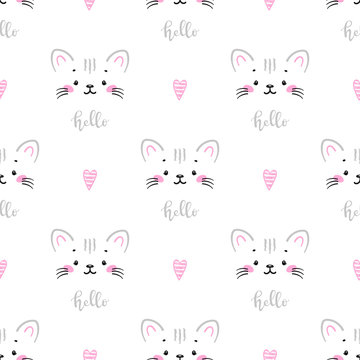 Tabby Cats Vector Seamless Pattern. Background for Kids with Hand drawn Doodle Cute Kittens with Hearts and Hello word. Cartoon Kawaii Animals Vector illustration in Scandinavian style 