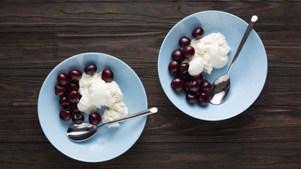 Healthy eating Ripe cherries with cottage cheese. Dessert, snack, diet