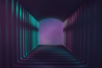 Beautiful abstract  tunnel with color light on a space cosmos end background.