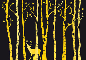 Gold birch trees with deer, vector