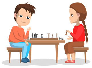 Pupils playing chess vector, isolated boy and girl sitting by gaming board moving figures. Back to school concept flat cartoon children, intellectual players. Smart students classmates on championship