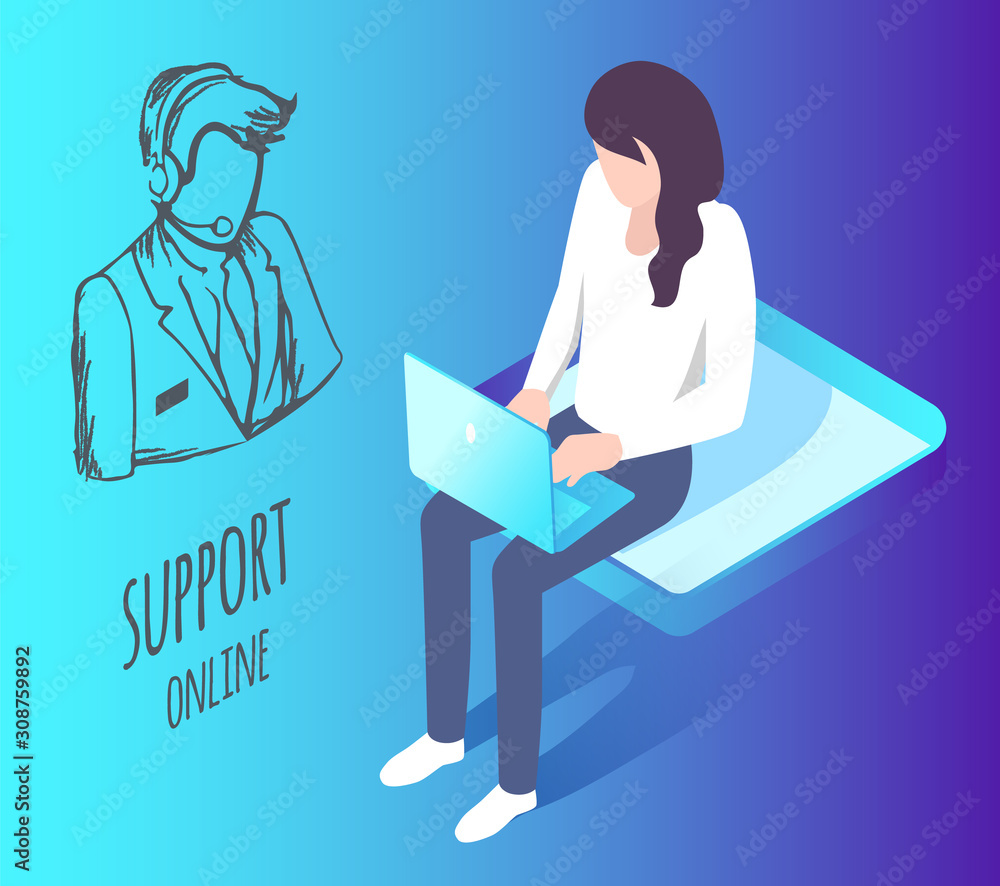 Poster call center service and help. client chatting with worker of online support. woman asking questions 
