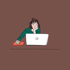 Fototapeta na wymiar Stylish young woman at work. Cute girl. Using laptop. Studying, browsing internet, social media, blogging. Online education or communication concept. Hand drawn vector illustration. Cartoon style