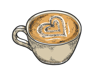 Cup of latte with art heart sketch engraving vector illustration. Coffee artwork. T-shirt apparel print design. Scratch board style imitation. Black and white hand drawn image.