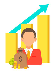 Portrait of male person and bag with money, stack of coins and growing graphs and charts. Vector bank clerk worker, profitable statistical analytic logo