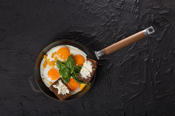Fried eggs in a pan, healthy breakfast