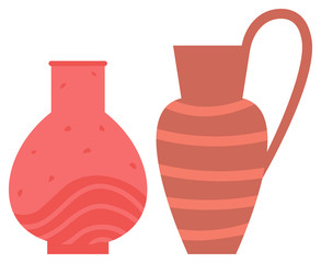 Pot made of clay vector, handmade decoration with ornament stripes. Ceramics pottery, vase for flowers and amphora with handle flat style objects set