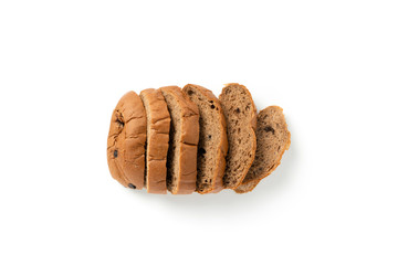Sliced Chocolate Chip  bread isolated on a white background. top view