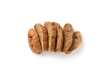 Sliced Chocolate Chip  bread isolated on a white background. top view