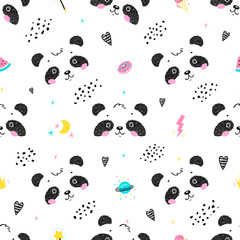 Cute Little Panda Bear with Summer Symbols Vector Illustration for Kids. Seamless Childish Pattern with Kawaii Baby Animals. Black and White Chinese or Bamboo Bear Print for Nursery Wallpaper 