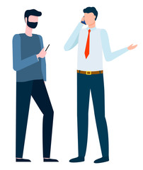 Businessman using phone, wireless device. Man with smartphone, international business, wireless device technology, communication and trade vector