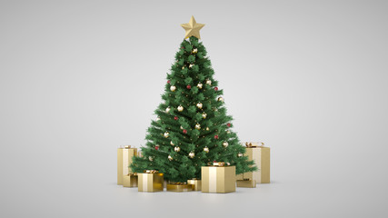 Amazing luxury Christmas tree with golden gift boxes. 3D render. Christmas tree flasher. Merry Christmas and Happy New Year. Xmas presents under the Christmas tree. Decorative Pine spruce tree.