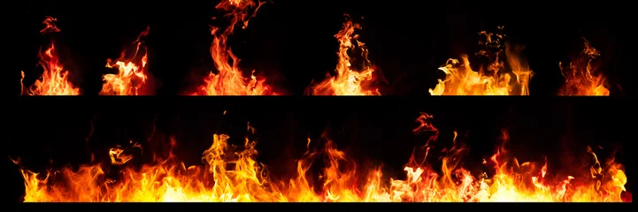 Foto op Aluminium Set van Panorama Fire vlammen op zwarte achtergrond. © ooddysmile