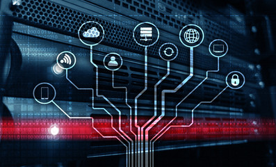 Telecommunication concept. Binary code on large data center background. Technology wallpaper.
