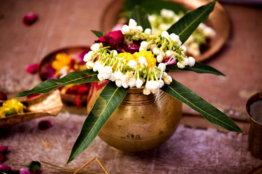 Copper Kalash with Green Leaf and Chameli Flowers