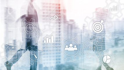 Business process automation concept. Gears and icons on abstract background.