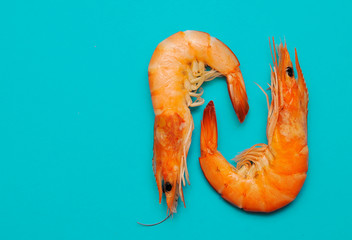 Delicious shimps on blue background.