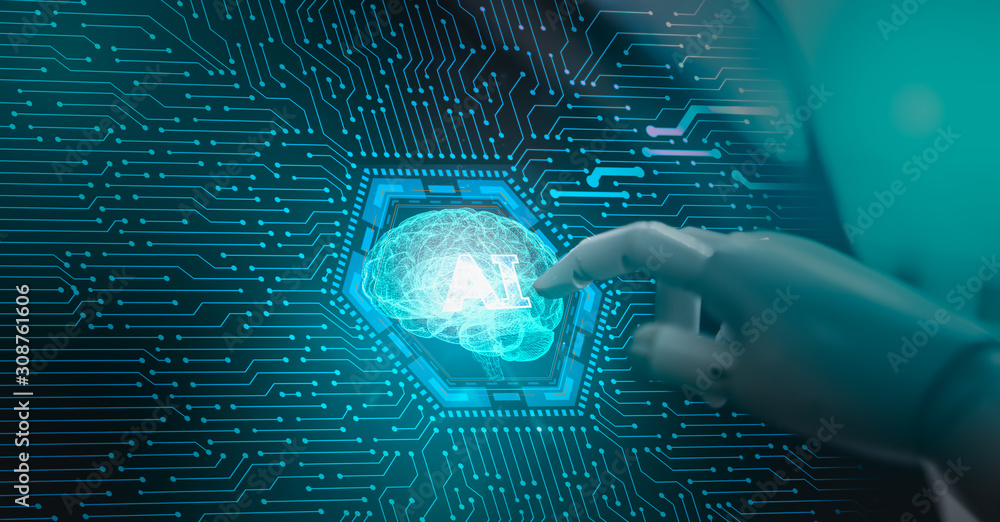 Poster robot hand of pointing network connection, wireless connection futuristic, business,ai,big data exch