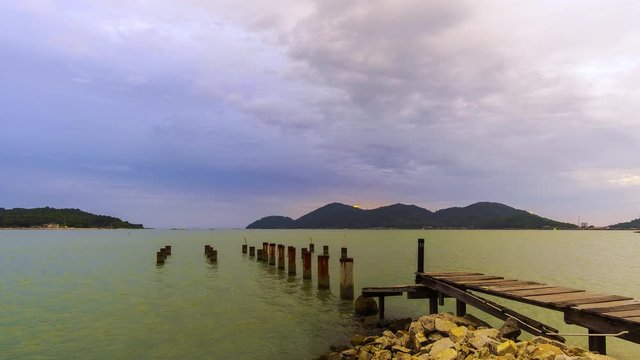 Time Lapse Of Abandon Jetty Of Marina Island,Lumut Malaysia With Dramatic Cloud During Sunset.4K