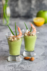 Avocado and green apple mousse with shrimp and almonds