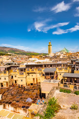 Fototapeta na wymiar Fes, Morocco. Old town panorama,tanneries and tanks with color paint for leather. Morocco Africa
