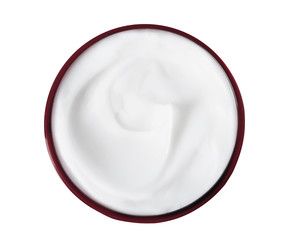 Jar of organic cream isolated on white, top view