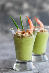 Avocado and green apple mousse with shrimp and almonds