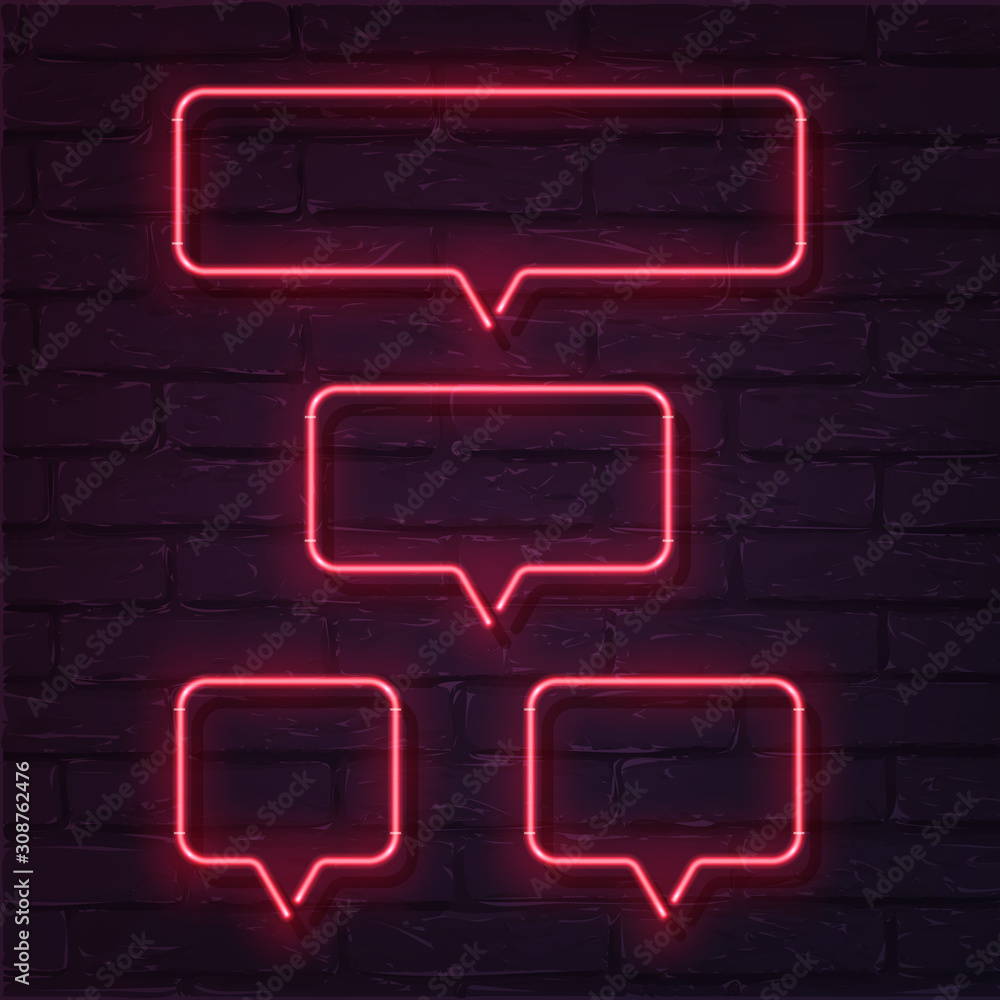 Poster vector realistic neon different sizes rectangle speech bubbles on brick wall. pink rectangle speech 