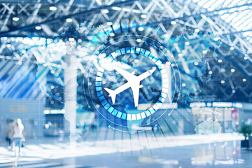 Airplane icon on virtual screen. Airplane transportation route network concept. Business Travel Background.