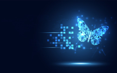 Futuristic blue lowpoly Butterfly abstract technology background. Artificial intelligence digital transformation and big data concept. Business quantum internet network communication evolution concept