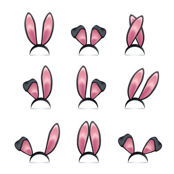 Rabbit ears realistic 3d vector illustrations set. Black Easter bunny ears kid headband, mask collection. Hare costume pink cartoon element. Photo editor, booth, video chat app color isolated cliparts