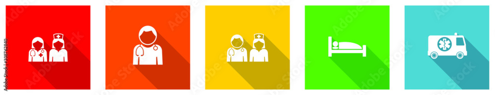 Poster set of colorful web flat design vector icons, doctor, patient, ambulance, nurse and hospital buttons