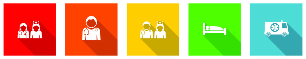 Set of colorful web flat design vector icons,  doctor, patient, ambulance, nurse and hospital buttons in eps 10 for webdesign and mobile applications on white background