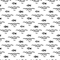 Small Fishes Seamless Childish Pattern. Black and White Background for Kids with Hand drawn Doodle Cute Fish and Sea Waves. Cartoon Sea Animals Vector illustration in Scandinavian style © AllNikArt
