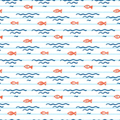 Small Fishes Seamless Childish Pattern. Colorful Background for Kids with Hand drawn Doodle Cute Fish and Sea Waves. Cartoon Sea Animals Vector illustration in Scandinavian style