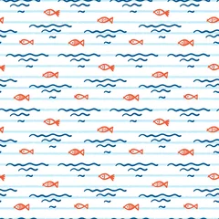 Poster Oceaandieren Kleine vissen naadloze kinderachtig patroon. Kleurrijke achtergrond voor kinderen met Hand getrokken Doodle Cute Fish en zee golven. Cartoon zeedieren Vector illustratie in Scandinavische stijl