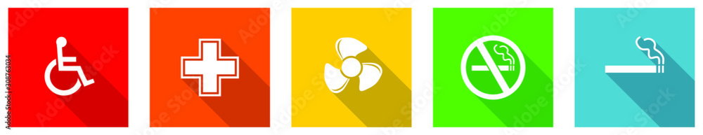 Leinwandbilder set of colorful web flat design vector icons, wheelchair, cigarette, ventilator, no smoking buttons 