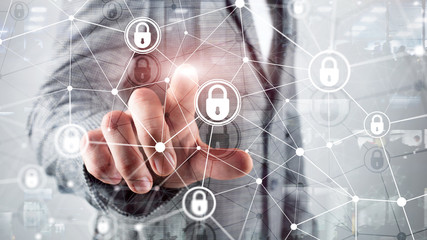 Cyber security, information privacy, data protection concept on modern server room background....