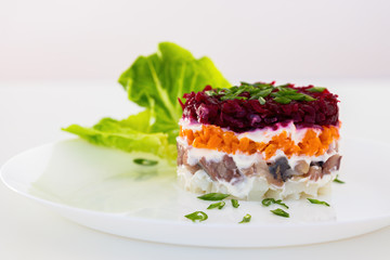 Dressed herring or herring under a fur coat. Traditional Russian salad composed of diced pickled herring covered with layers of boiled grated vegetables and mayonnaise.
