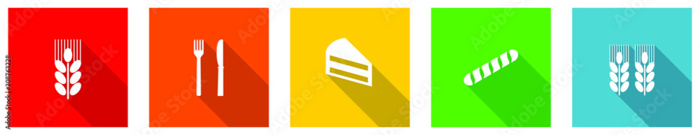 Fototapete set of colorful web flat design vector icons, wheat, cake, cutlery, restaurant and grain buttons in 