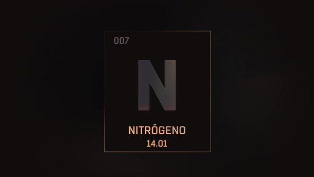 Nitrogen as Element 7 of the Periodic Table. Seamlessly looping 3D animation on grey illuminated atom design background with orbiting electrons. Name, atomic weight, element number in Spanish language