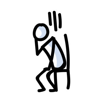 Hand Drawn Sad Stick Figure Sitting In Chair. Concept of Alone Upset Expression. Simple Icon Motif for Despair Grief Communication. Emotion, Trouble, Bujo Illustration. Vector EPS 10. 