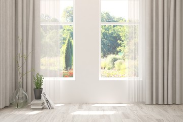 Stylish empty room in white color with summer landscape in window. Scandinavian interior design. 3D illustration