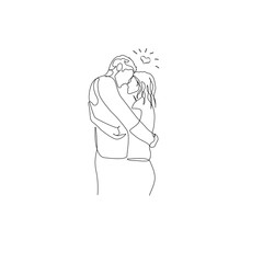 Continuous one line loving couple hugs and looks into each other s eyes. Romantic atmosphere, love day. Vector illustration.